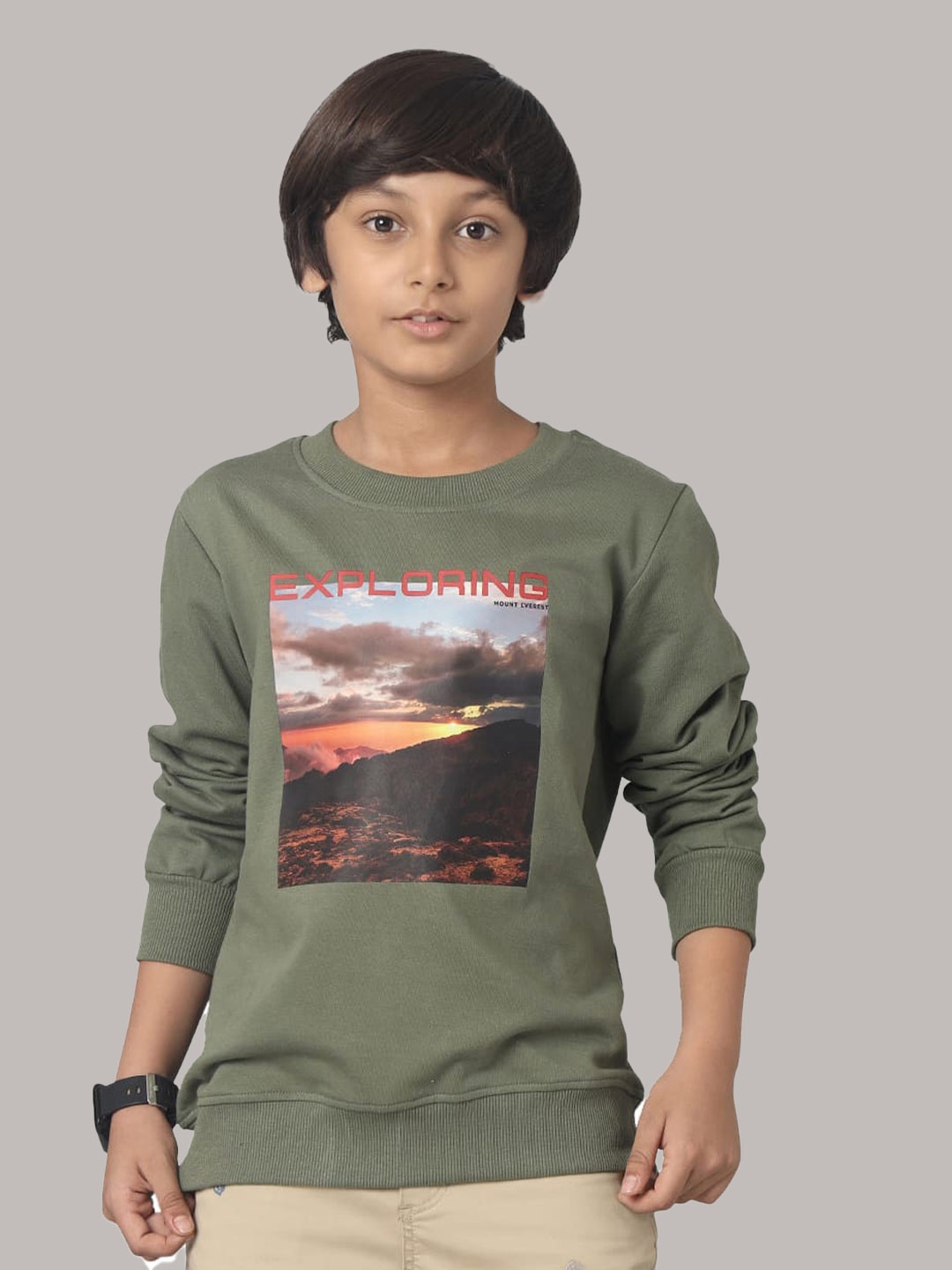 

UNDER FOURTEEN ONLY Boys Graphic Printed Cotton Pullover, Green
