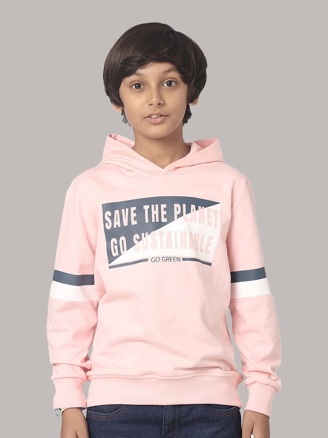 

UNDER FOURTEEN ONLY Boys Typography Printed Hooded Cotton Pullover, Peach