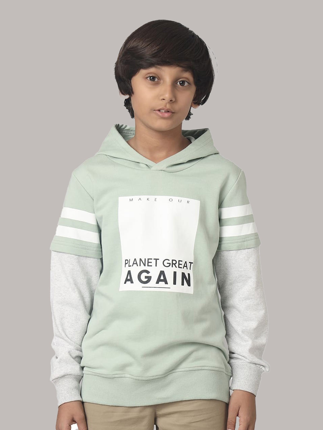 

UNDER FOURTEEN ONLY Boys Typography Printed Hooded Cotton Pullover, Green