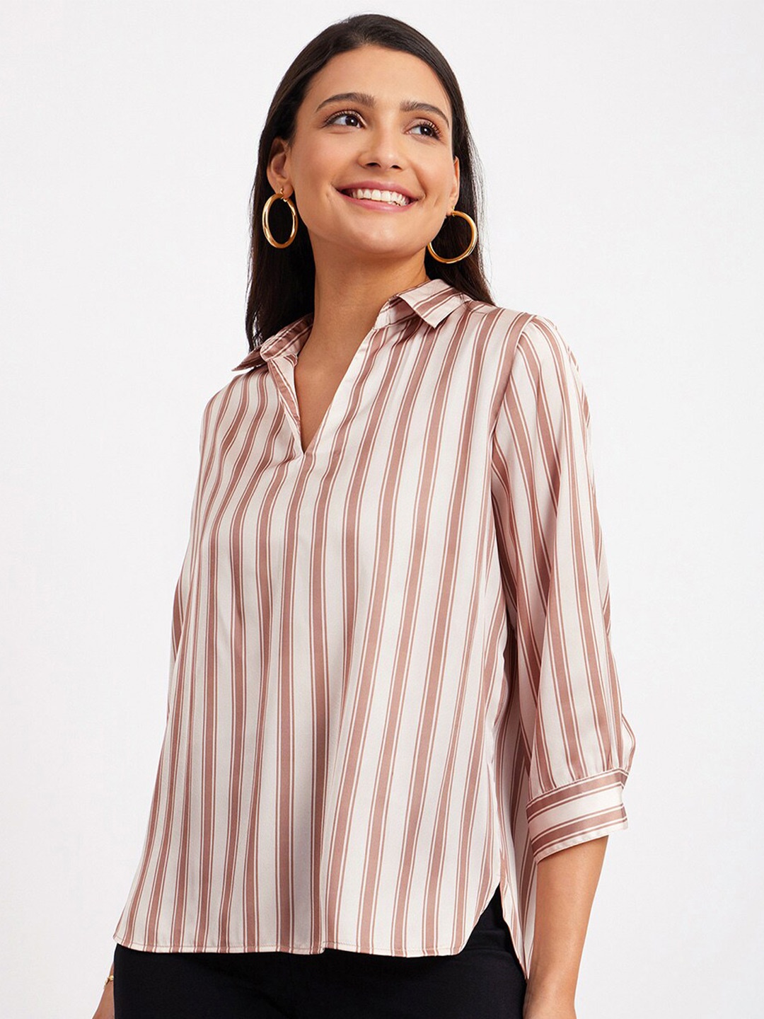 

FableStreet Striped Satin Shirt Style Top, Beige