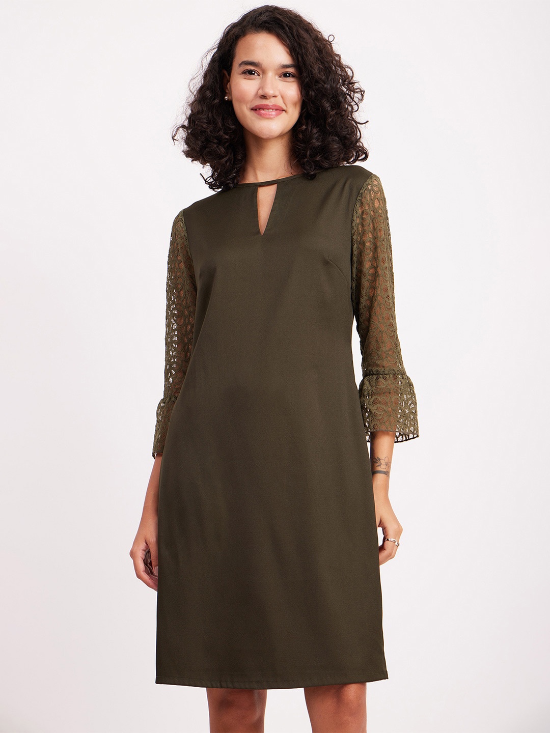 

FableStreet Keyhole Neck Bell Sleeve A-Line Dress, Olive