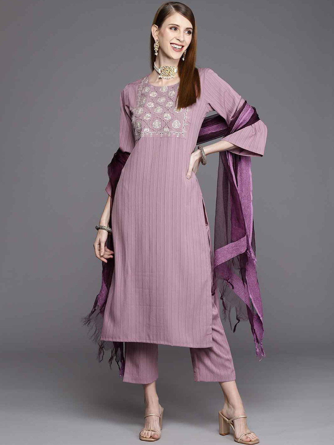

Happy Design Ethnic Motifs Yoke Design Sequinned Kurta With Trousers & Dupatta, Purple