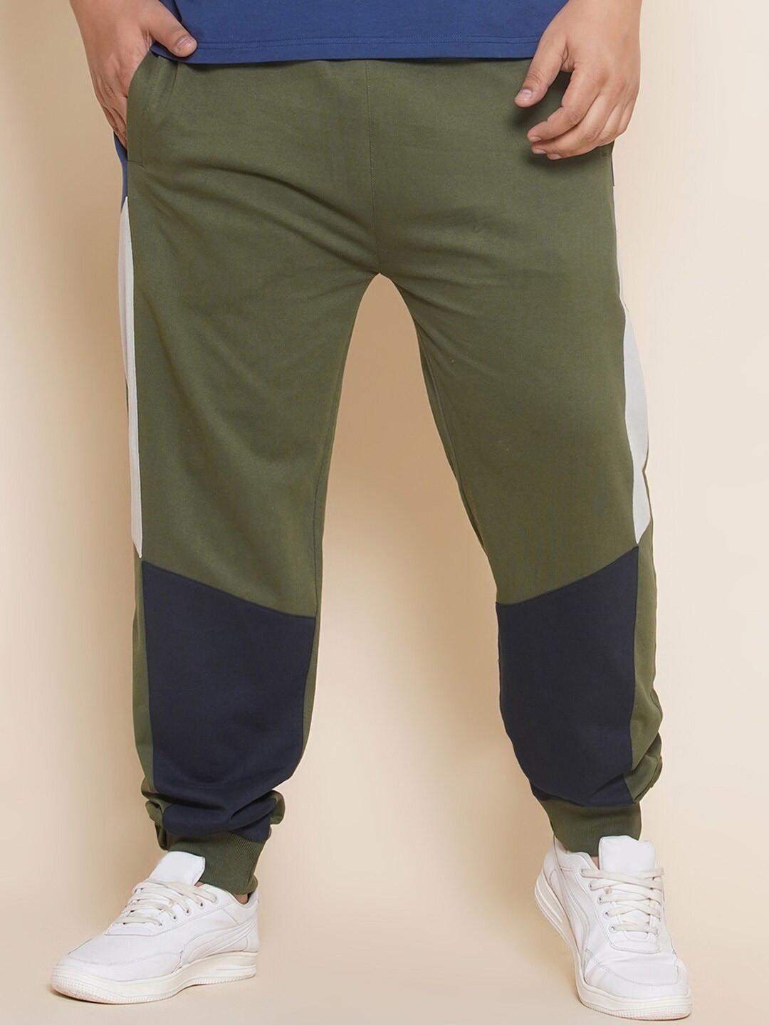 

John Pride Plus Size Colourblocked Pure Cotton Joggers, Olive