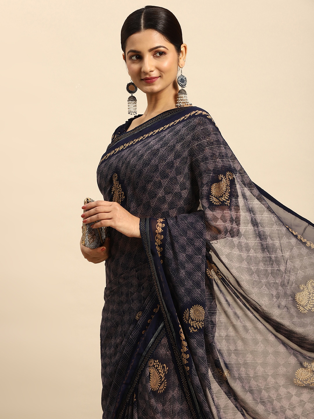 

Mitera Ethnic Motifs Stones-Studded Pure Georgette Saree, Navy blue