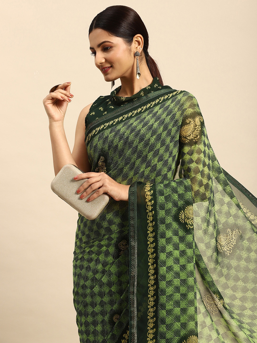 

Mitera Ethnic Motifs Stones-Studded Pure Georgette Saree, Green