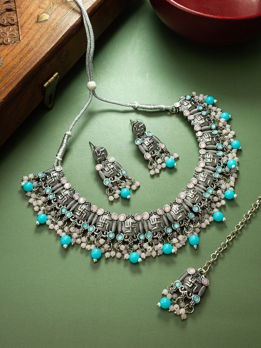 

aadita Silver-Plated Stone-Studded & Beaded Jewellery Set