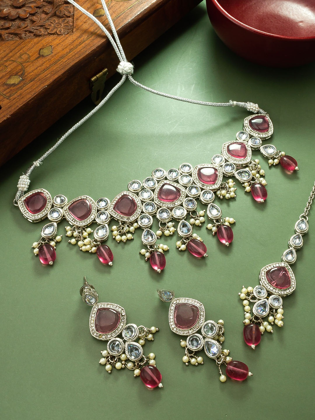 

aadita Silver-Plated Stone-Studded & Beaded Jewellery Set