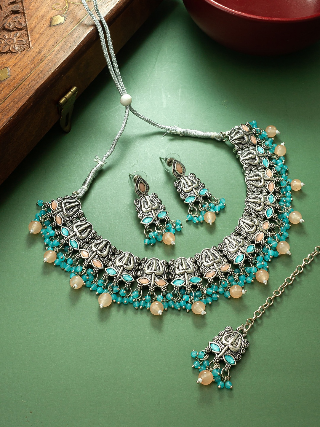 

aadita Silver-Plated Stone-Studded Beaded Temple Jewellery Set