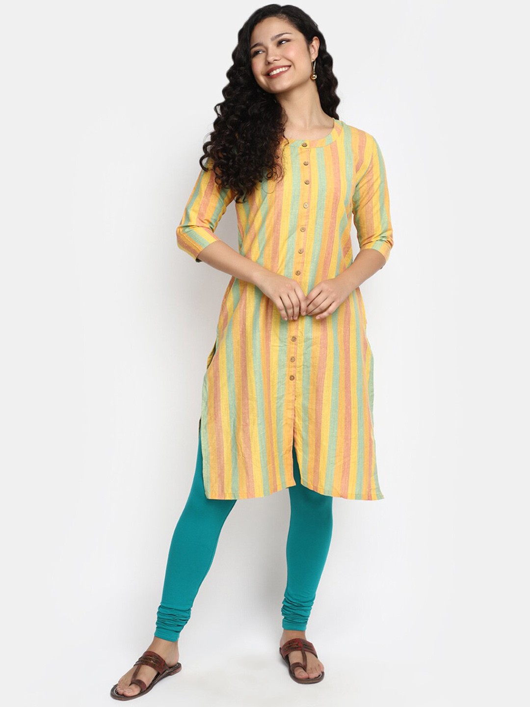 

V-Mart Striped Round Neck Pure Cotton Kurta, Yellow