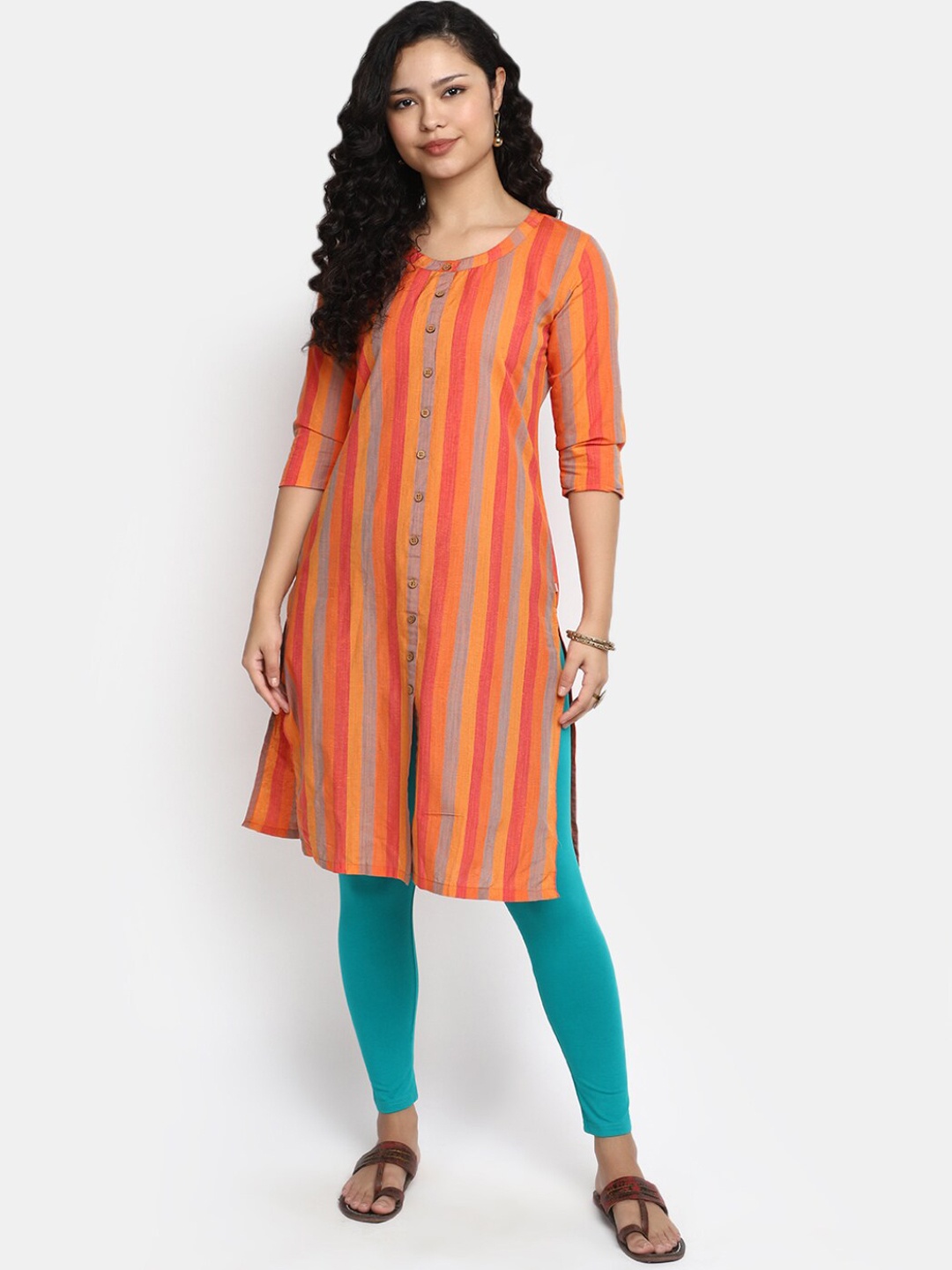 

V-Mart Striped Round Neck Pure Cotton Kurta, Orange
