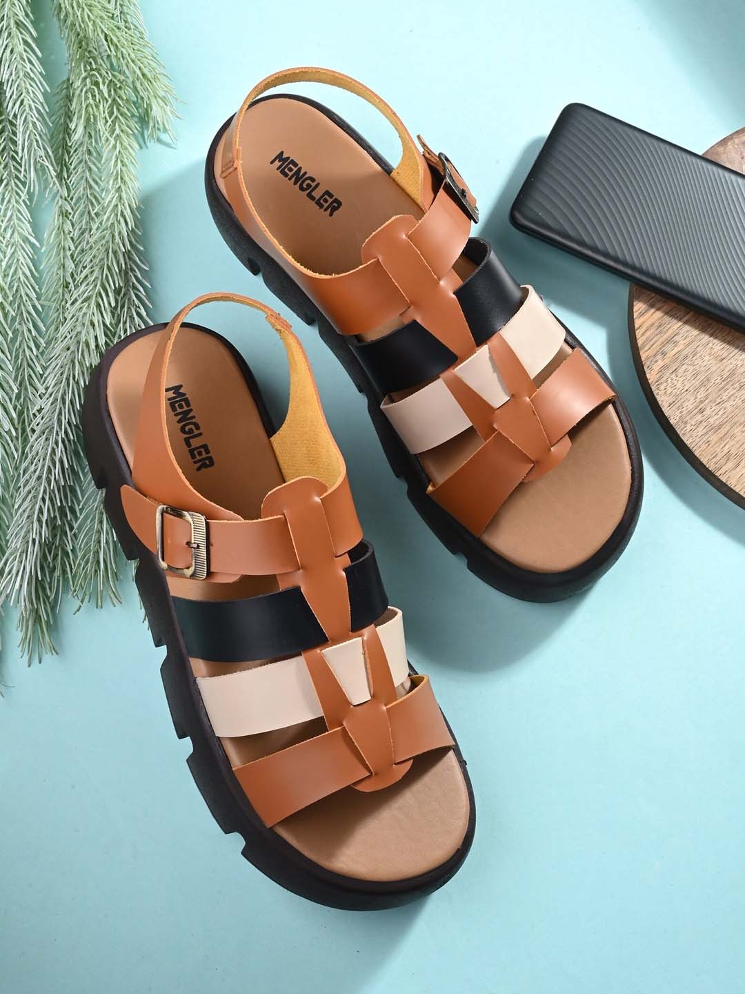 

MENGLER Colourblocked Flatform Heel Gladiators, Brown