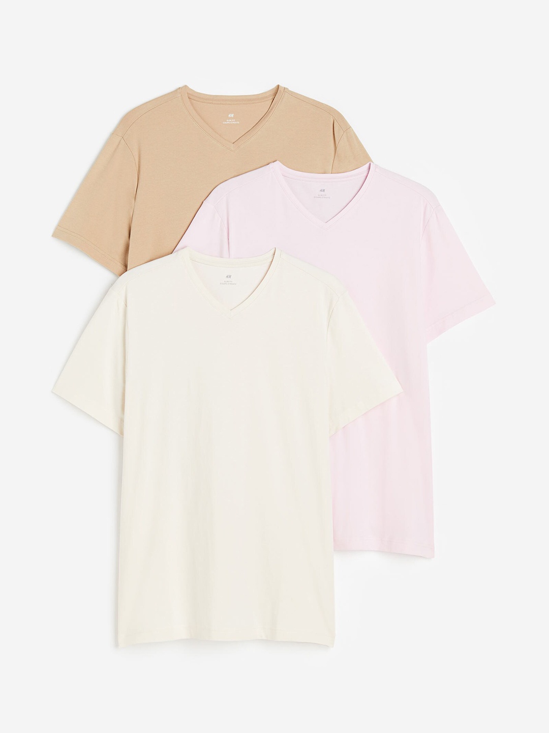 

H&M Men 3-Pack Slim Fit V-Neck T-Shirts, Beige