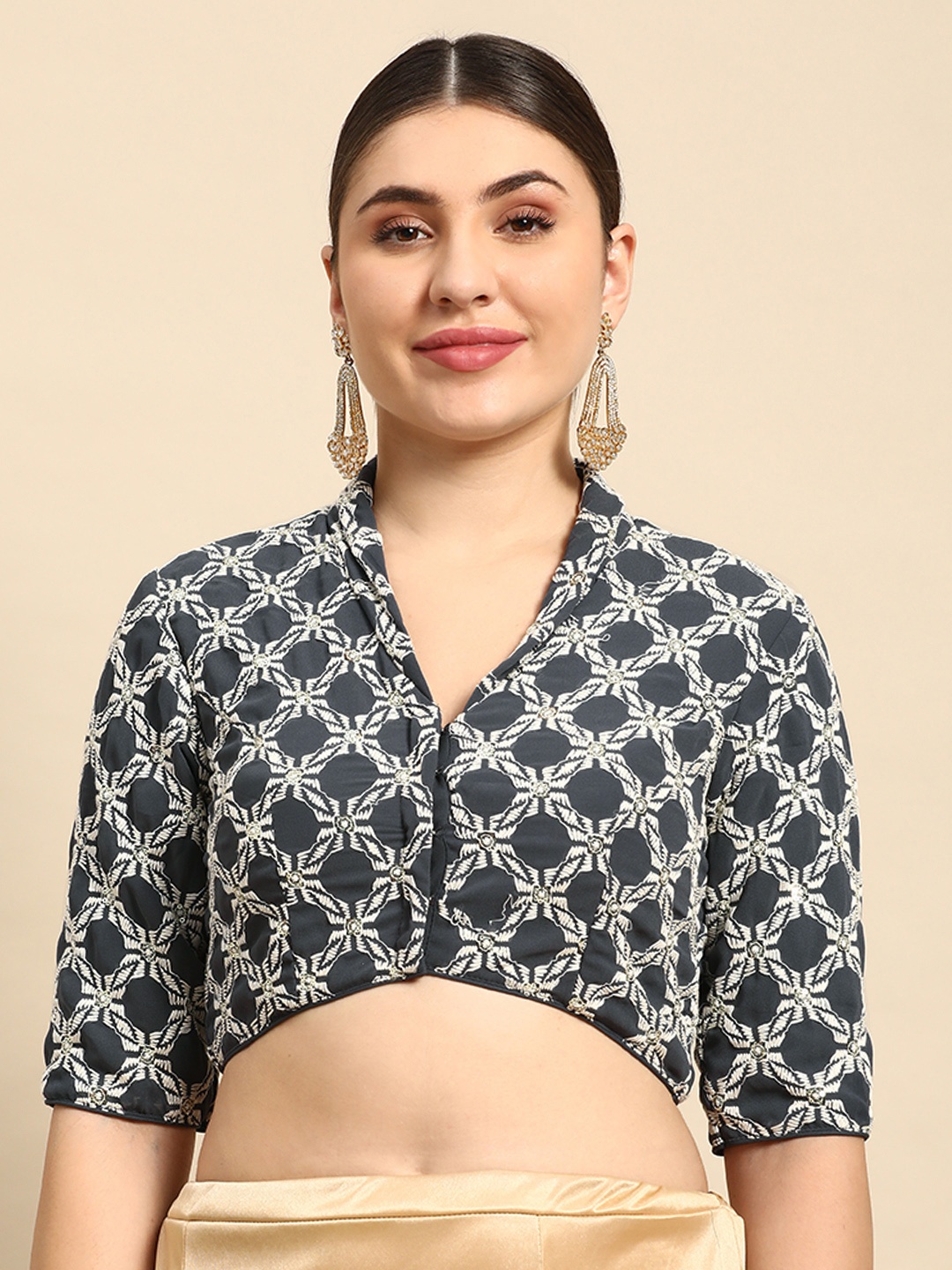 

Ethnovog Women Embroidered Sequinned Ready To Wear Saree Blouse, Grey