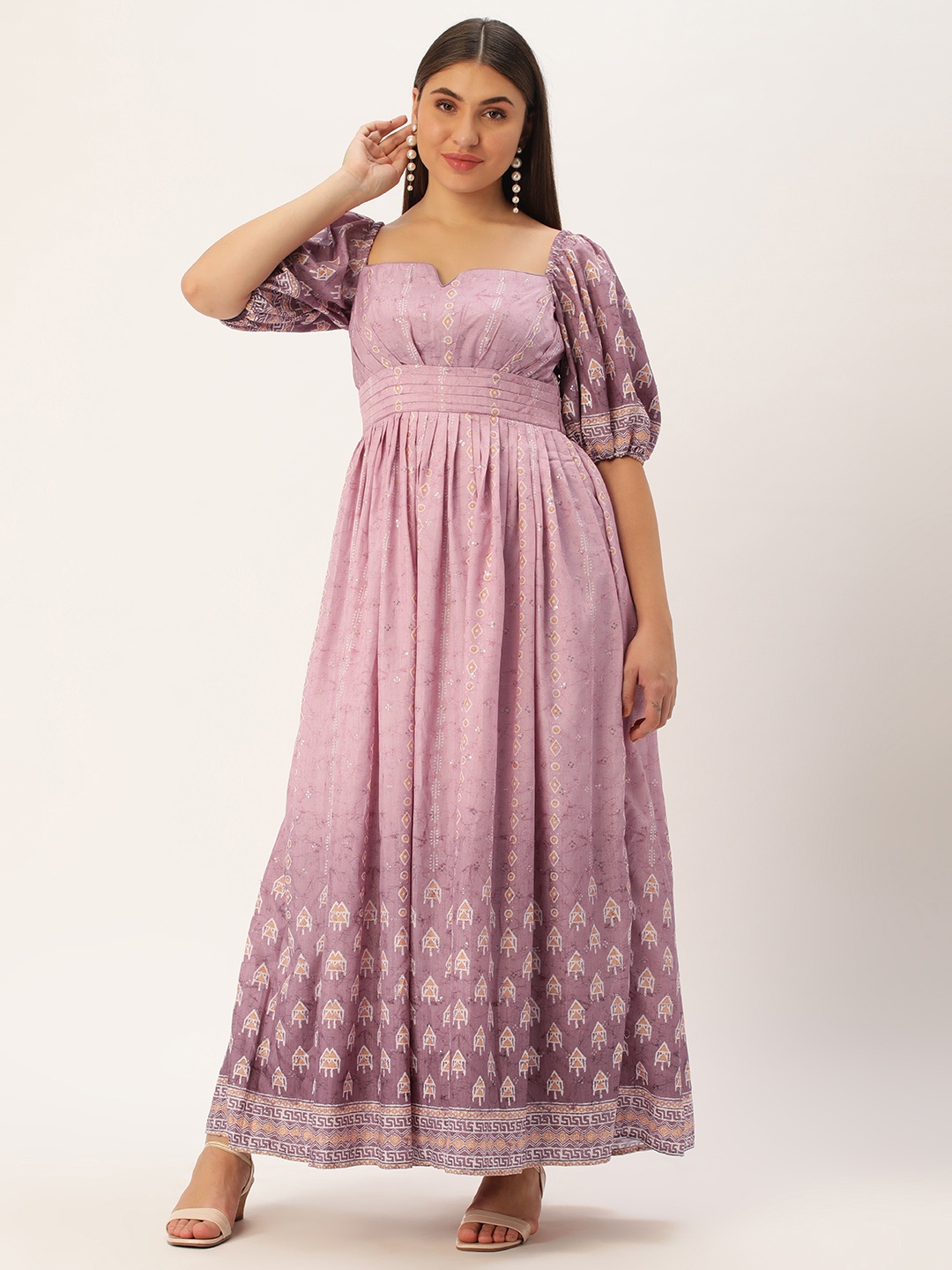 

Ethnovog Ethnic Motifs Print Puff Sleeve Fit & Flare Maxi Dress, Mauve