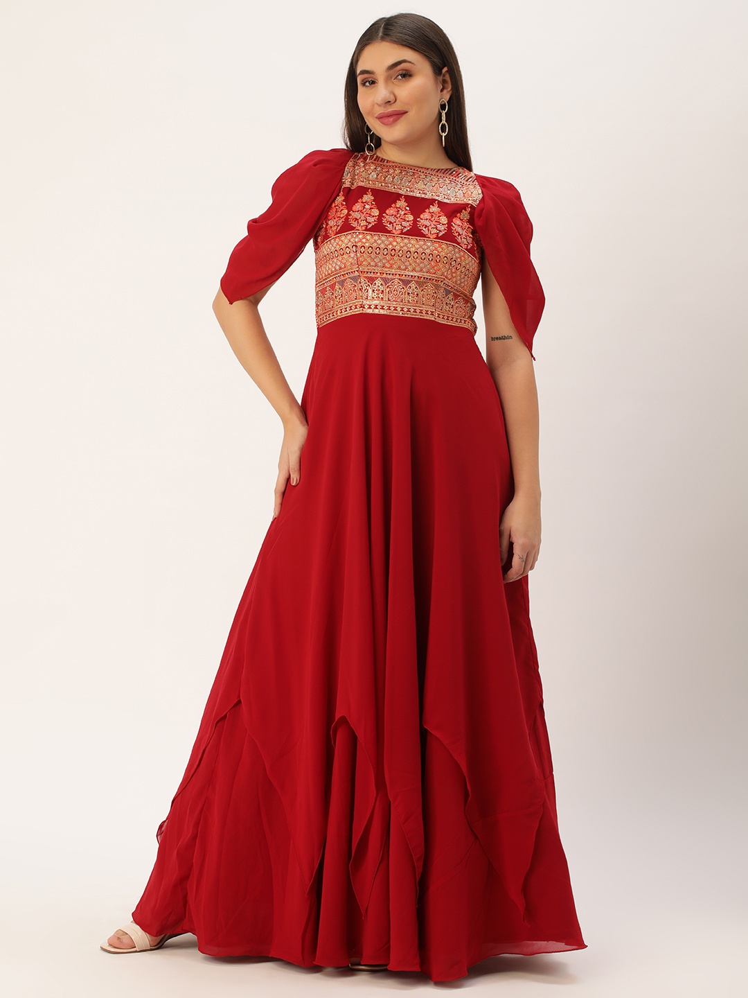 

Ethnovog Ethnic Motifs Embroidered Cape Sleeve Georgette A-Line Maxi Dress, Maroon