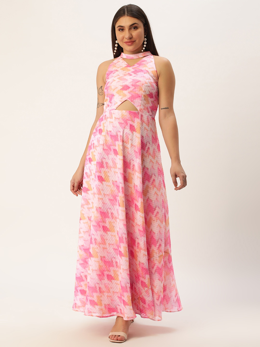 

Ethnovog Printed Sequinned Georgette A-Line Maxi Dress, Pink