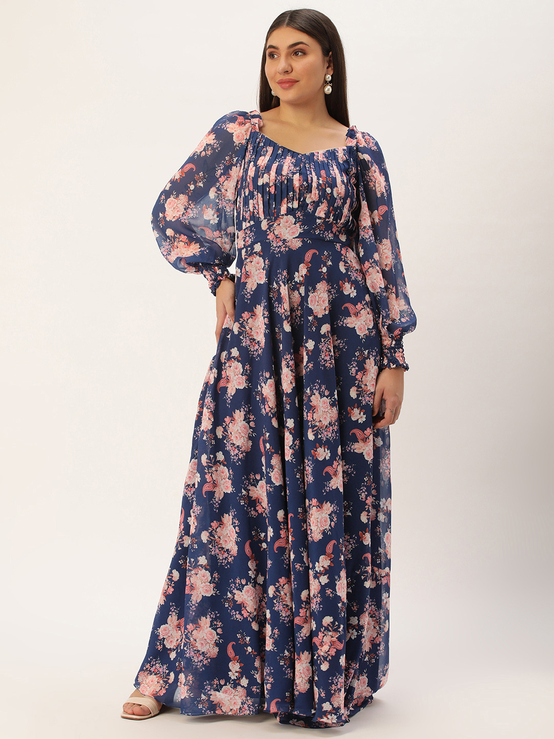 

Ethnovog Floral Print Puff Sleeve Georgette Maxi Dress, Navy blue