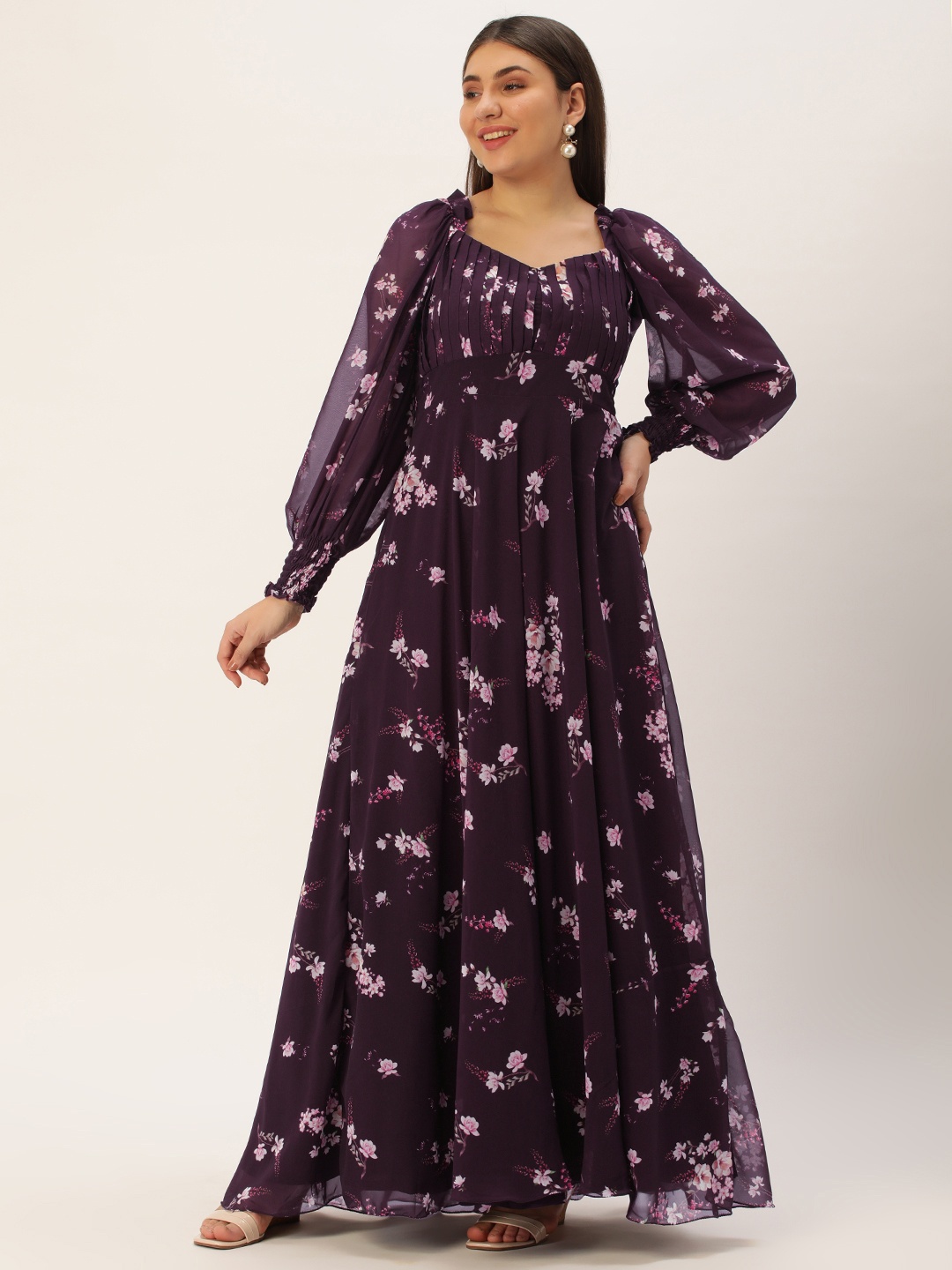 

Ethnovog Floral Print Puff Sleeve Georgette Maxi Dress, Burgundy