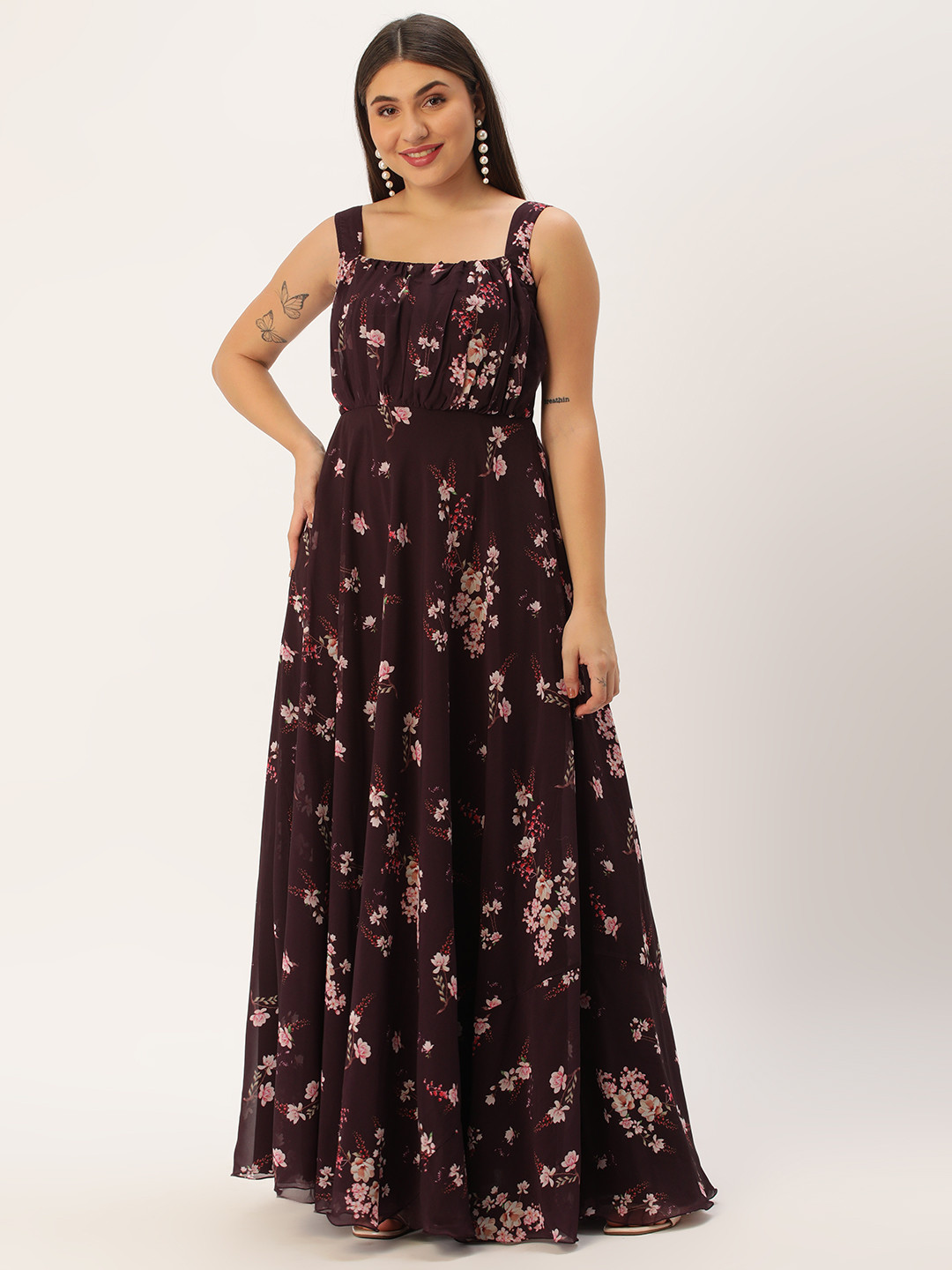 

Ethnovog Floral Print Georgette A-Line Maxi Dress, Burgundy