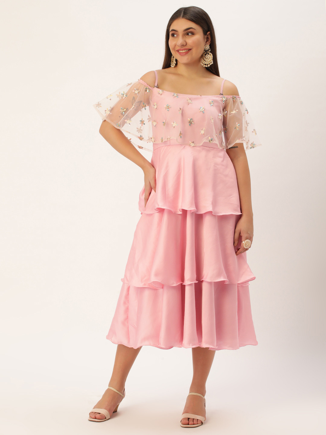 

Ethnovog Floral Embroidered Cape Sleeve Layered Satin A-Line Midi Dress, Pink
