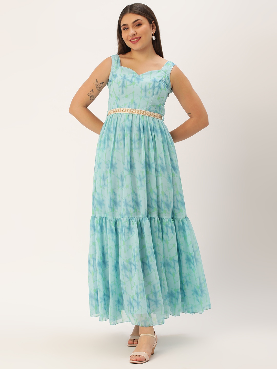 

Ethnovog Print Georgette A-Line Maxi Dress, Turquoise blue