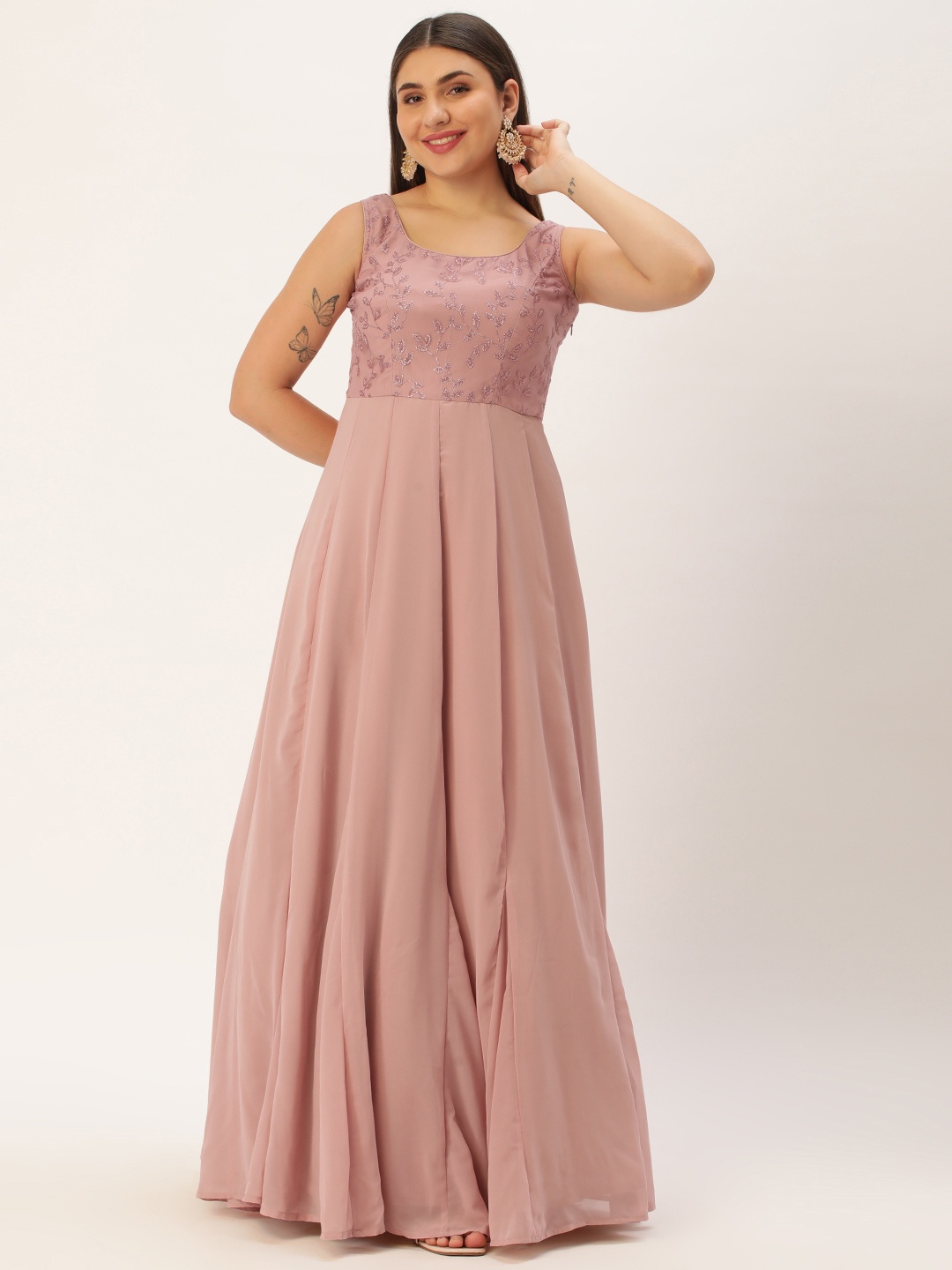 Ethnovog Floral Embroidered Georgette A-Line Maxi Dress, Pink