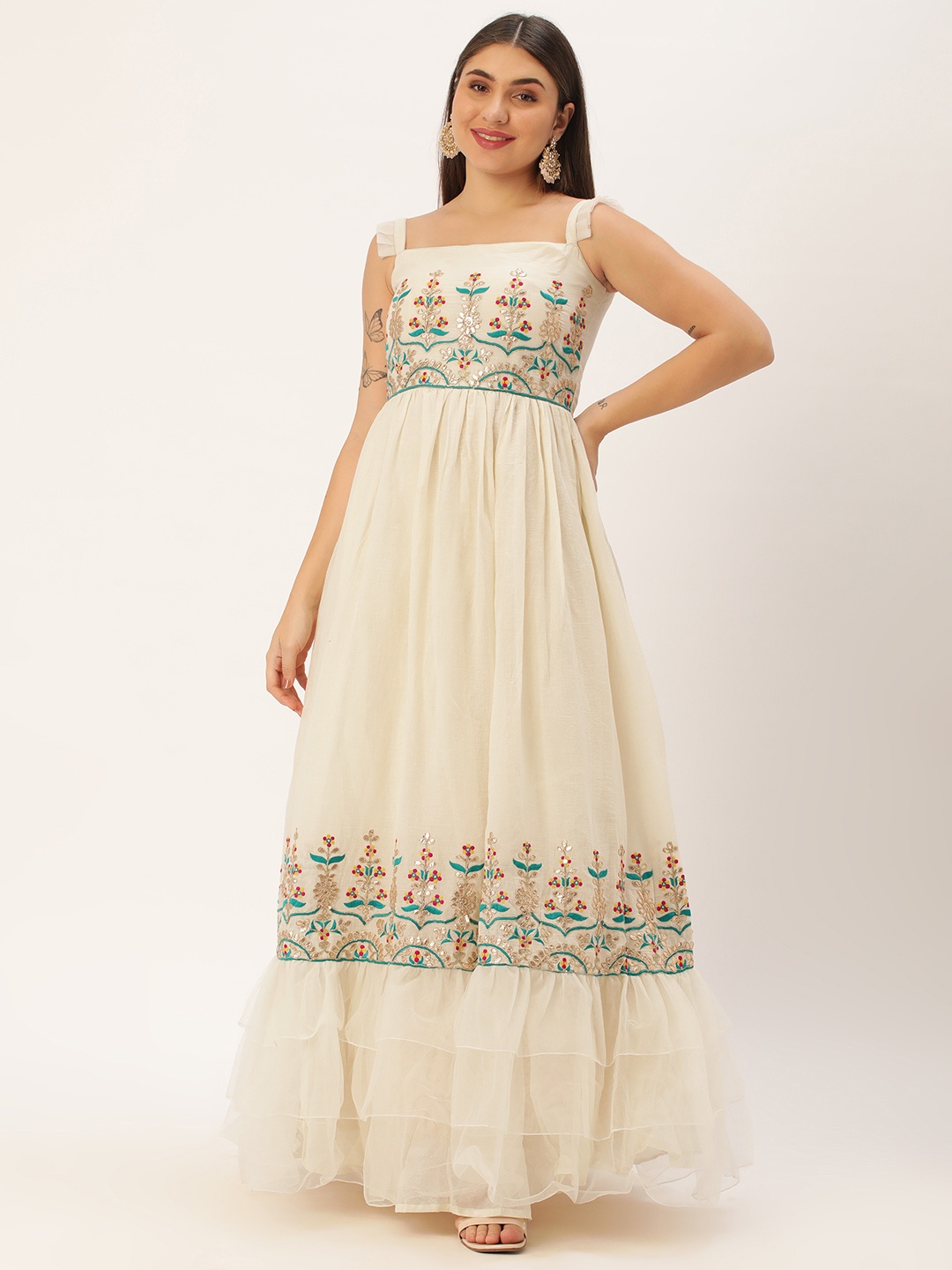 

Ethnovog Floral Embroidered Gotta Patti Cotton A-Line Maxi Dress, Off white