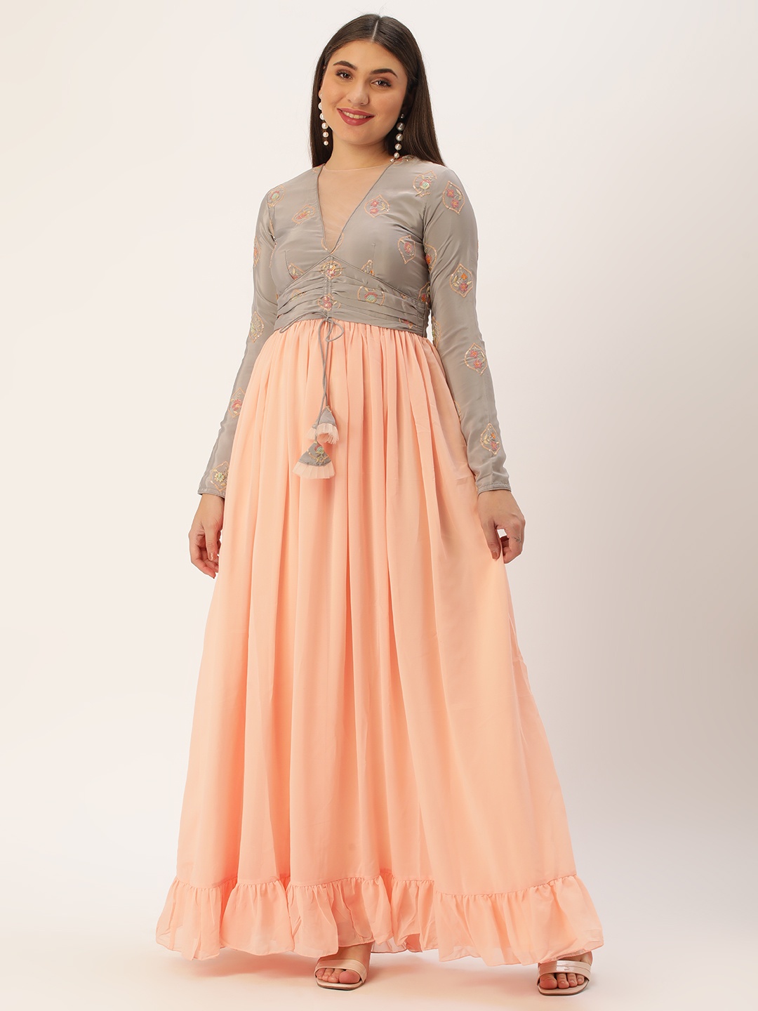 

Ethnovog Floral Embroidered Sequinned Georgette Fit & Flare Maxi Dress, Peach