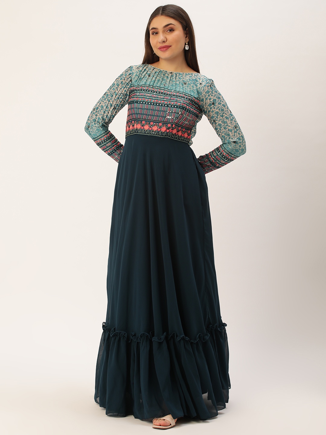 

Ethnovog Floral Embroidered Georgette Maxi Dress, Teal