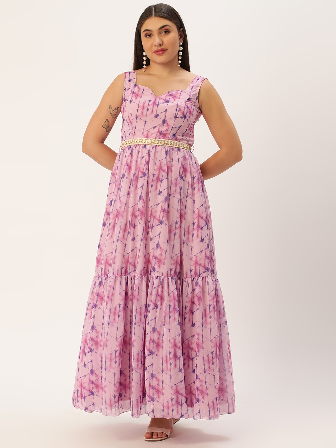 

Ethnovog Pink Print Georgette A-Line Maxi Dress