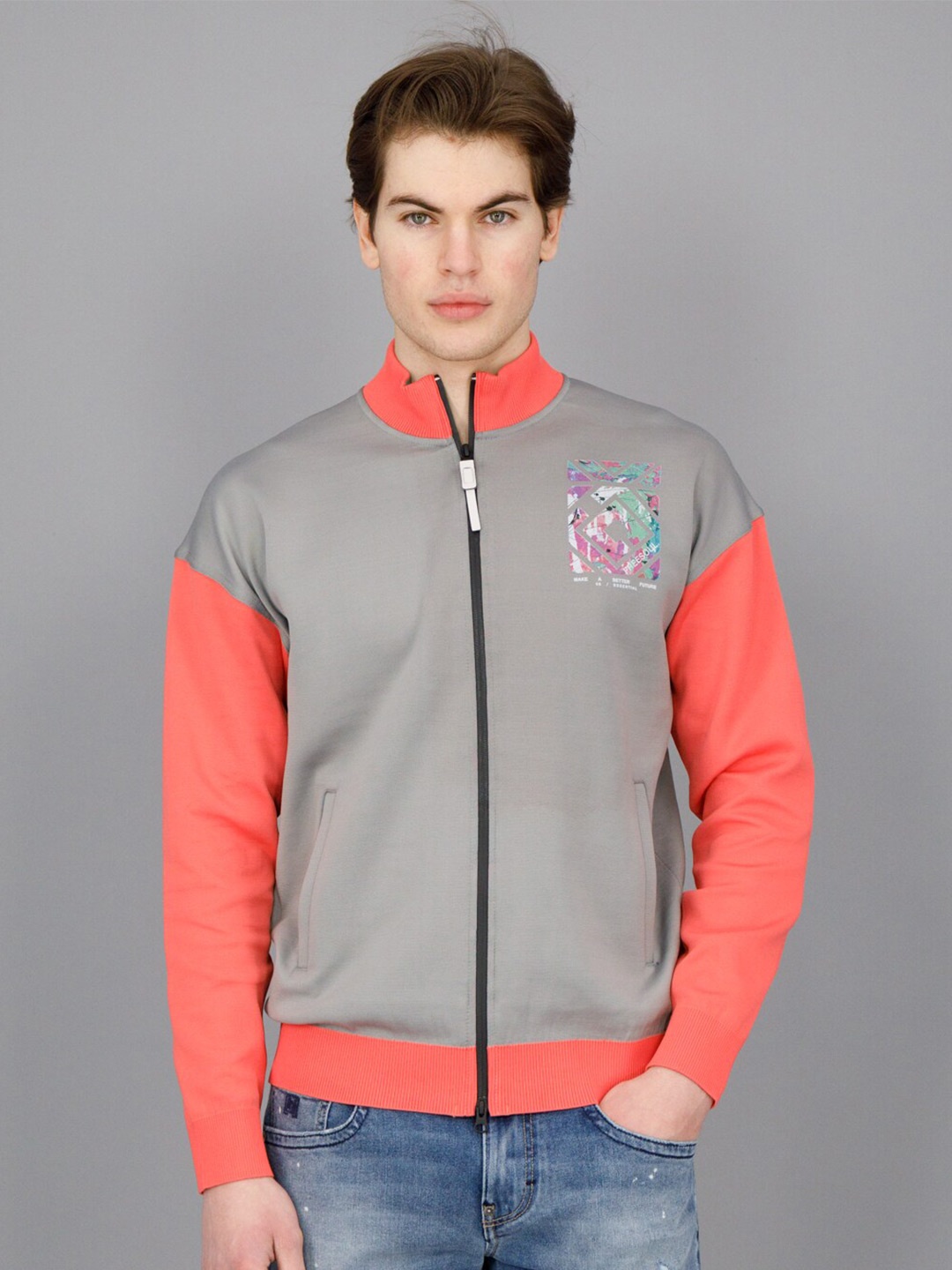 

FREESOUL Colourblocked Mock Collar Front-Open Sweatshirt, Grey