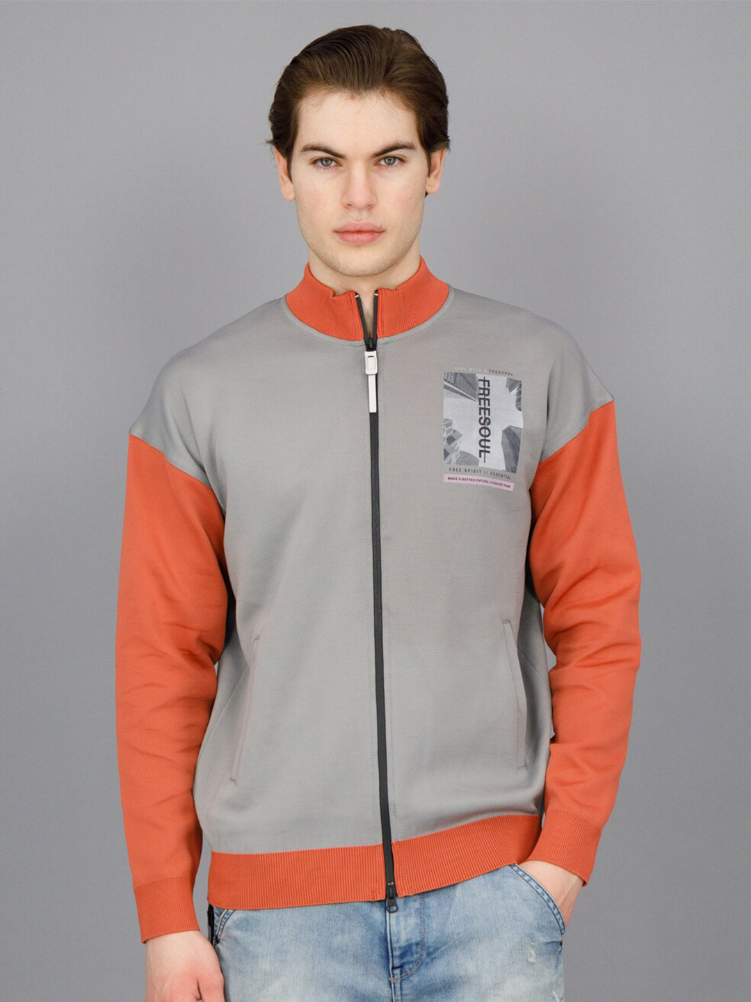 

FREESOUL Colourblocked Mock Collar Front-Open Sweatshirt, Grey