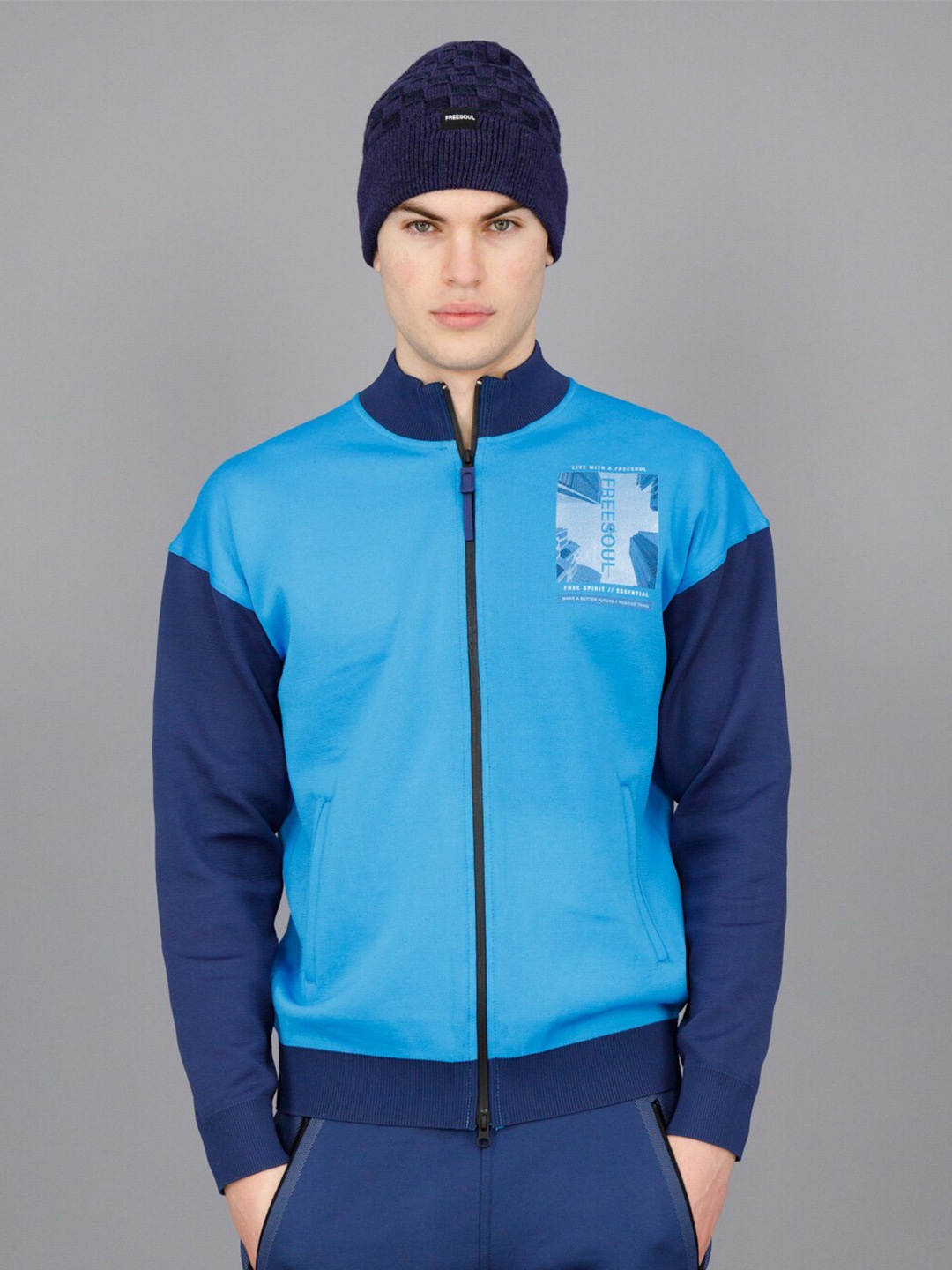 

FREESOUL Mock Collar Front-Open Sweatshirt, Blue