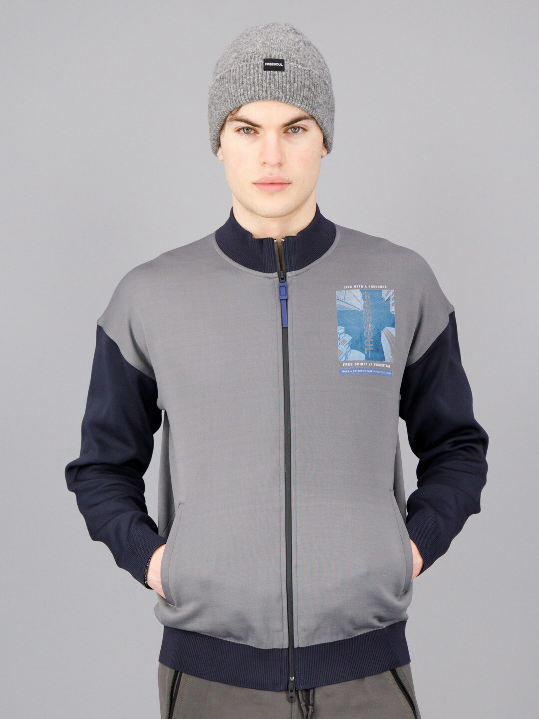 

FREESOUL Mock Collar Front-Open Sweatshirt, Grey