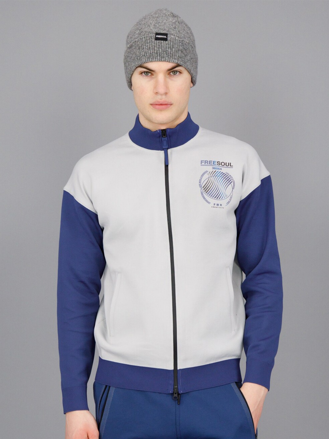 

FREESOUL Colourblocked Mock Collar Front-Open Sweatshirt, Grey