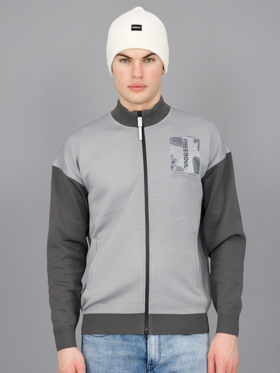 

FREESOUL Mock Collar Front-Open Sweatshirt, Grey