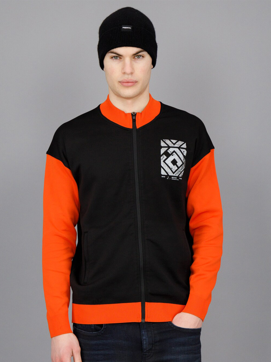 

FREESOUL Mock Collar Front-Open Sweatshirt, Black