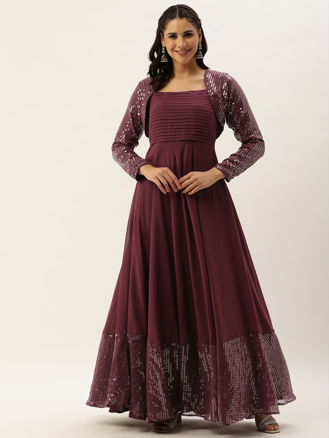 

Ethnovog Embellished Georgette Maxi Gown Dress with Jacket, Purple