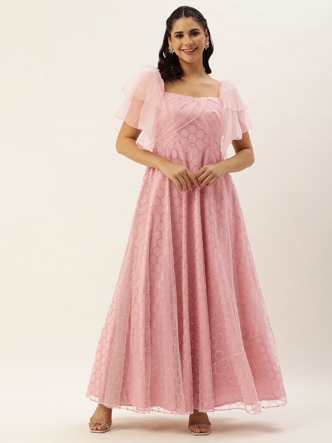 

Ethnovog Geometric Embroidered Sequinned Flared Sleeves Net Ethnic Gown, Pink