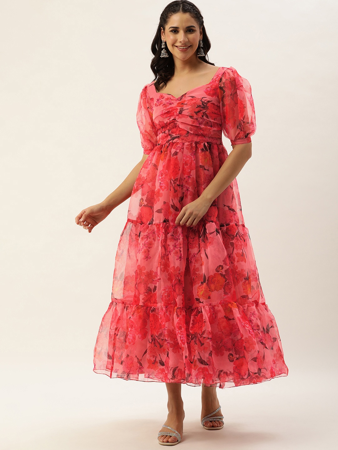 

Ethnovog Floral Print Puff Sleeve Fit & Flare Midi Dress, Pink