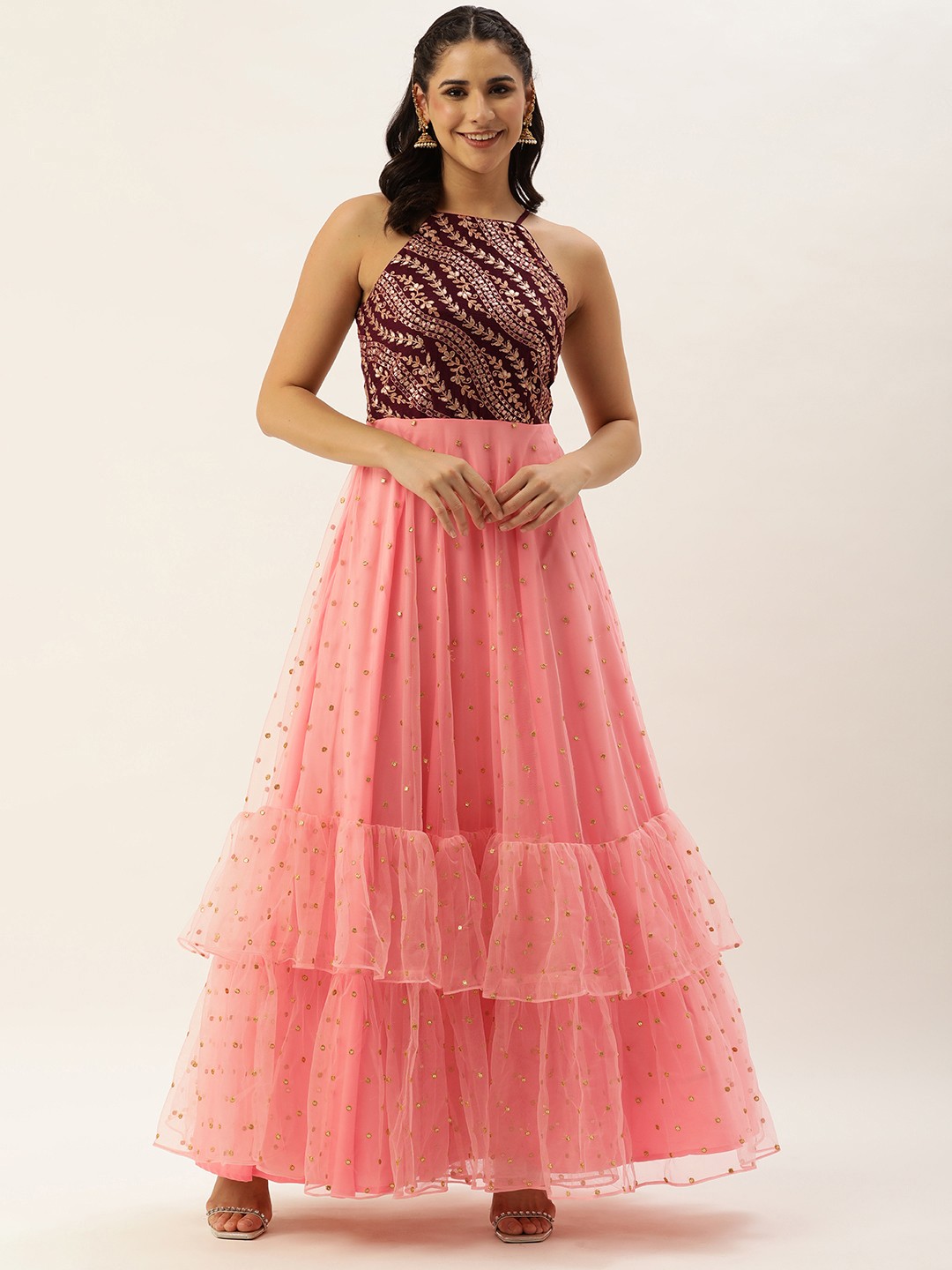 

Ethnovog Floral Embroidered Net Sequinned Ethnic Gown, Peach
