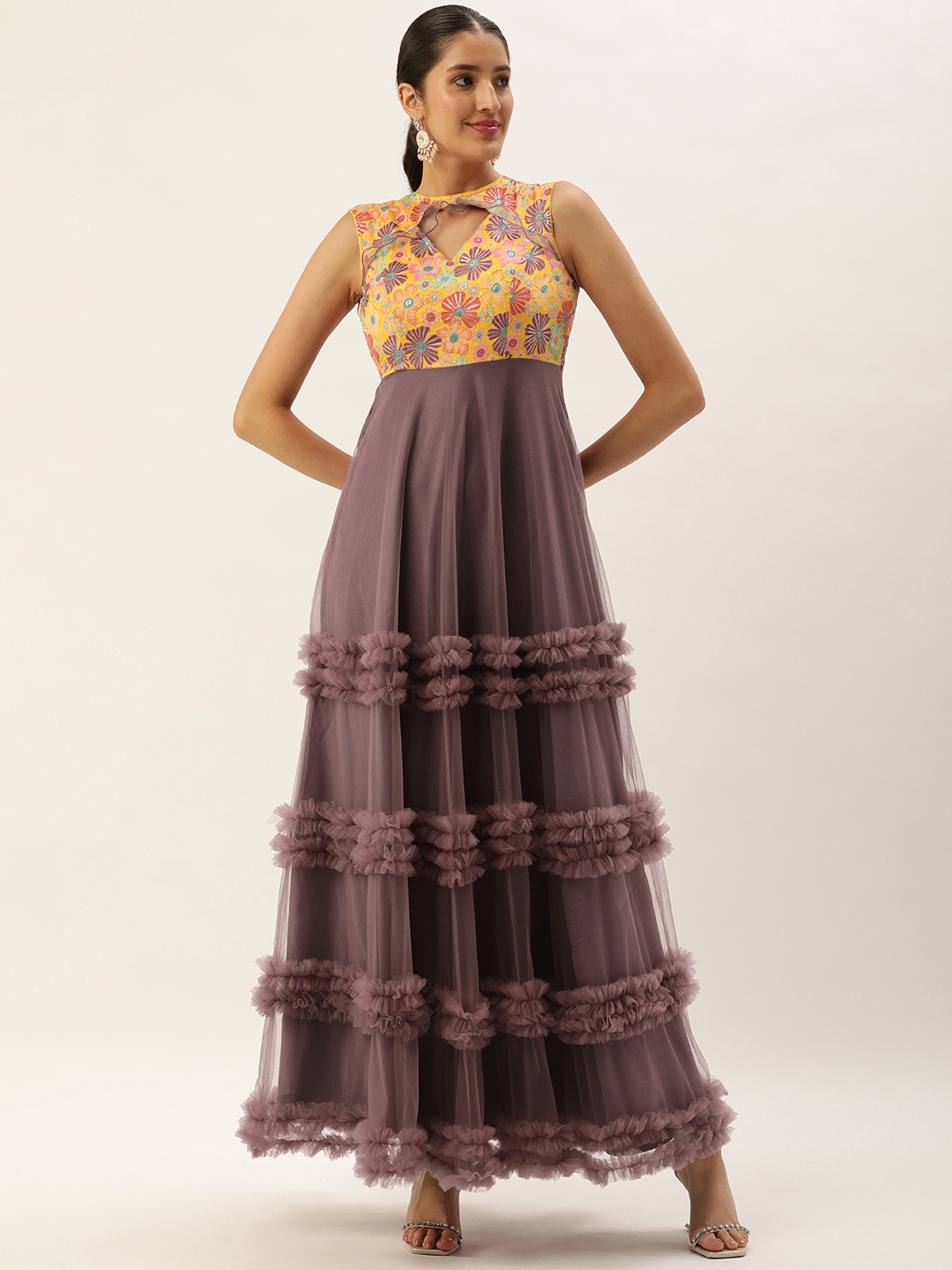 

Ethnovog Embellished Embroidered Ruffles Net Maxi Gown Dress, Multi