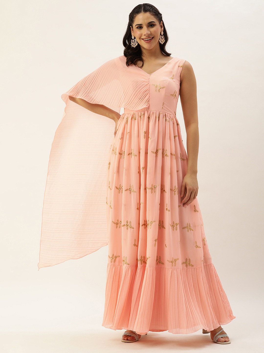 

Ethnovog Floral Embroidered Georgette Maxi Gown Dress, Peach