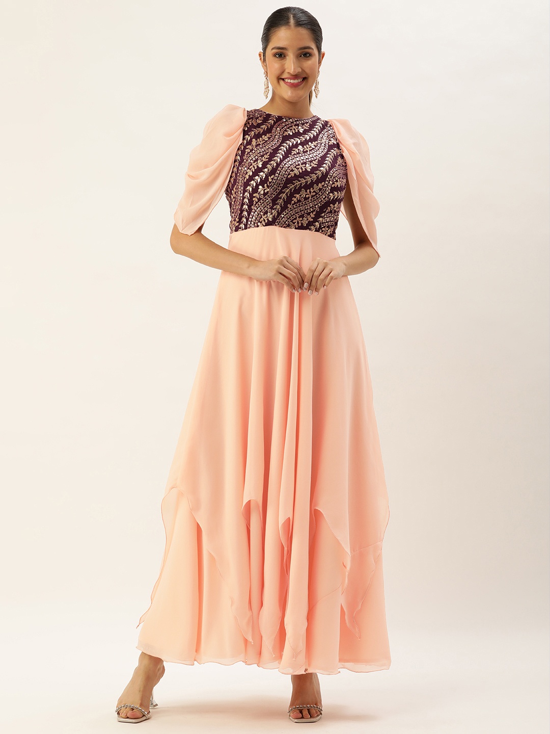 

Ethnovog Floral Embroidered Slit Sleeve Georgette Maxi Gown Dress, Peach
