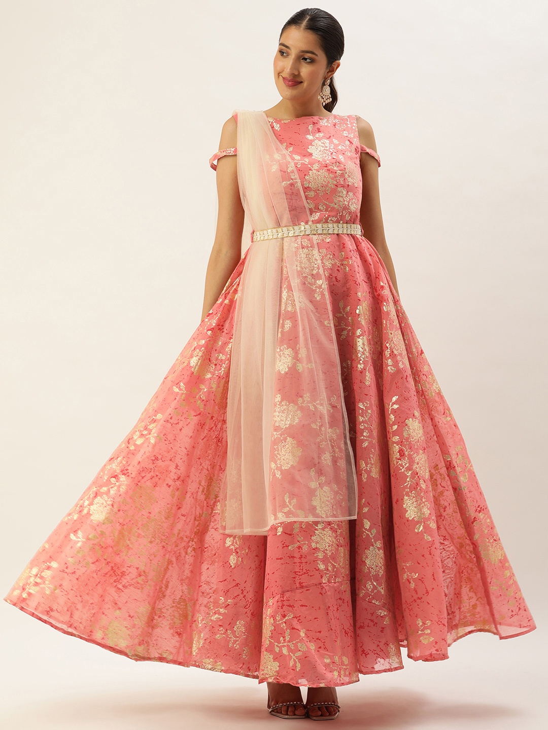 

Ethnovog Floral Print Belted Maxi Gown Dress with Dupatta, Pink