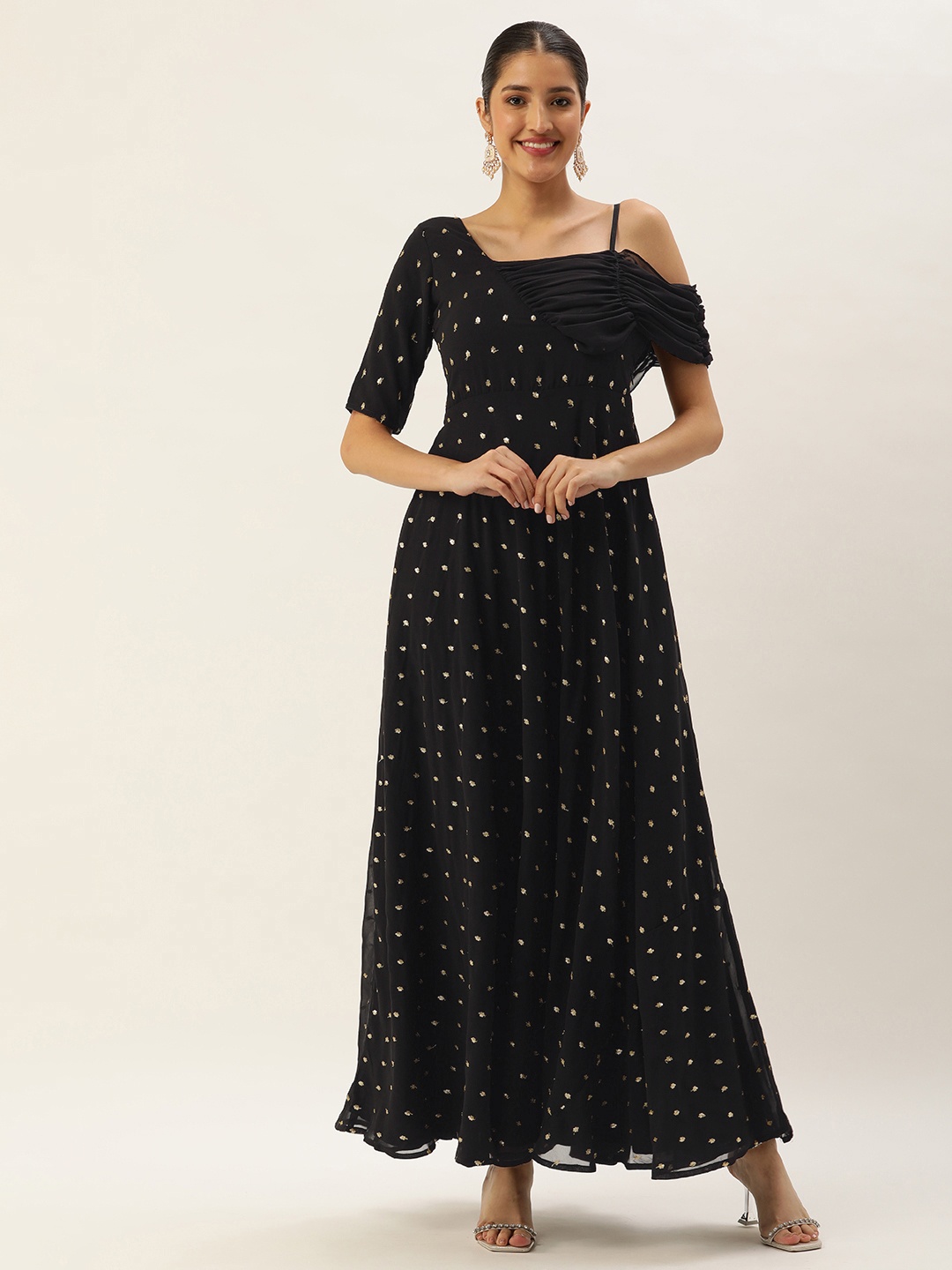 

Ethnovog Embellished Embroidered Georgette Maxi Gown Dress, Black