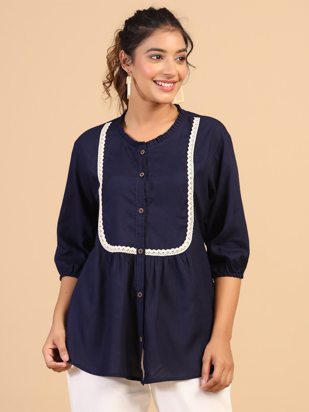 

Nimayaa Round Neck Gathered Or Pleated Shirt Style Top, Navy blue
