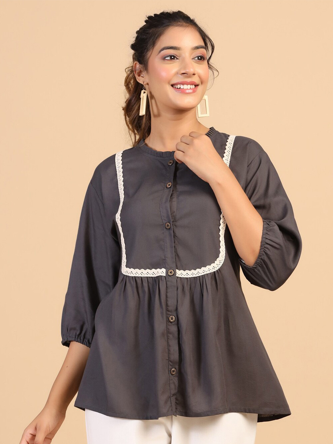 

Nimayaa Round Neck Gathered Or Pleated Shirt Style Top, Grey
