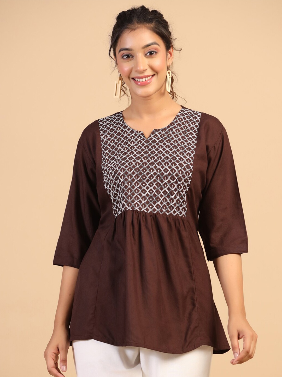 

Nimayaa Geometric Embroidered Ethnic Top, Brown