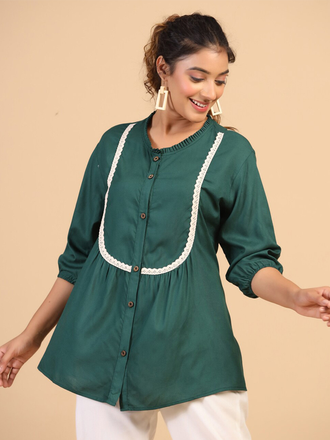 

Nimayaa Round Neck Gathered Or Pleated Shirt Style Top, Green